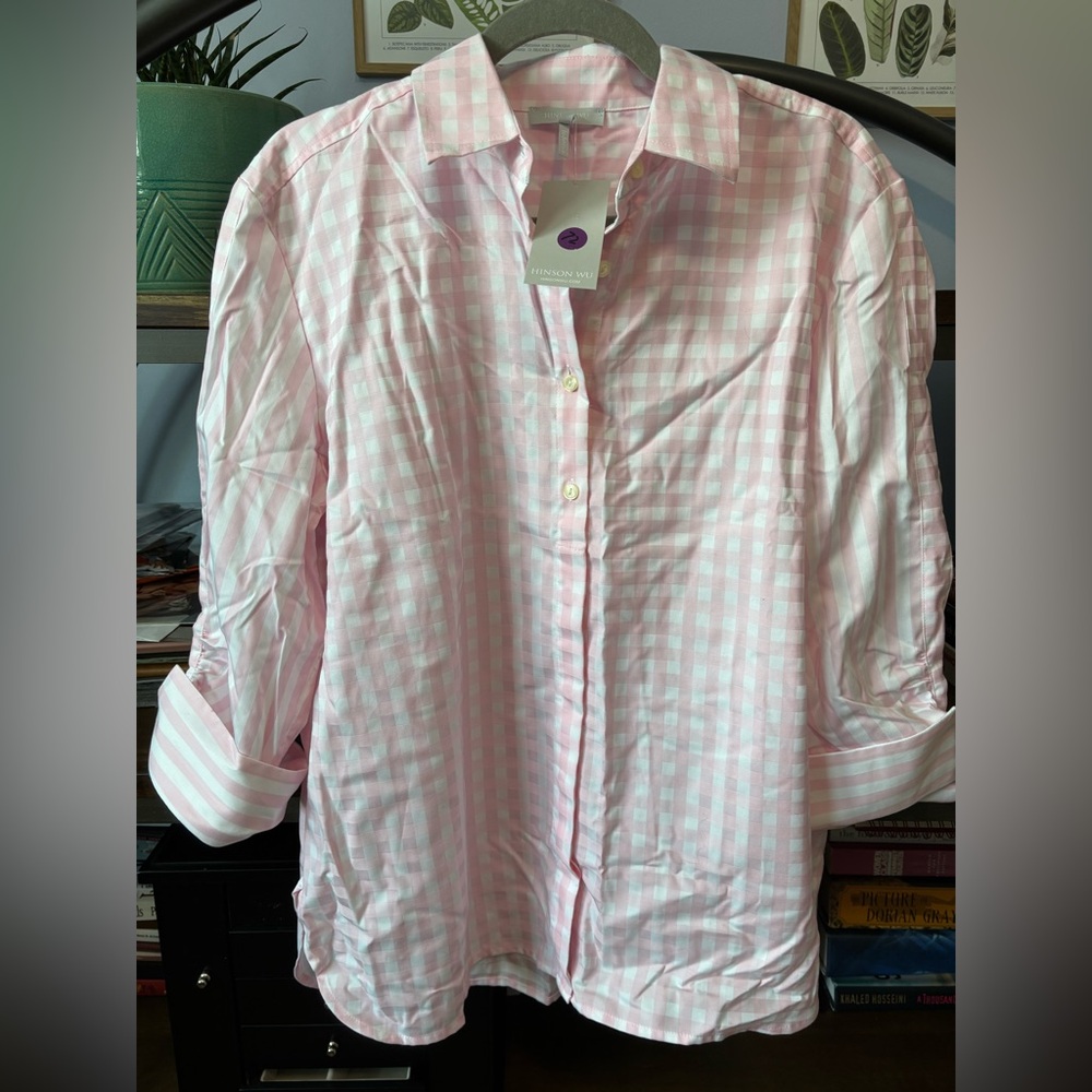 New - Hinston Wu Women’s 3/4 Button Down Sleeve Pink/white gingham Shirt Sz XL